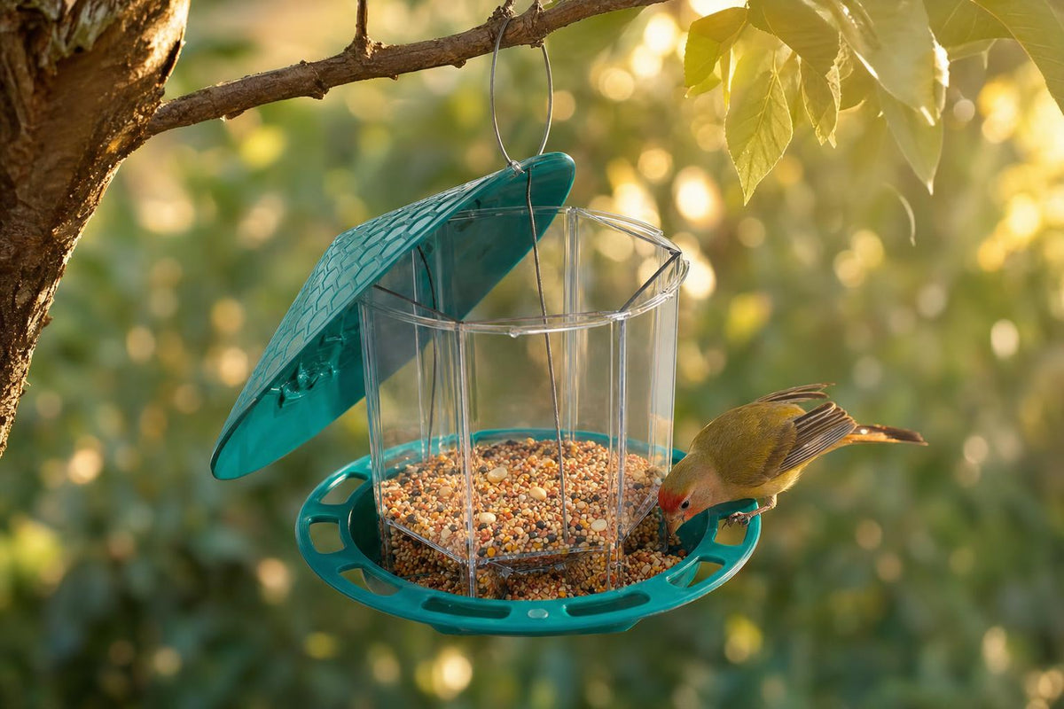 Comedero para pájaros colgado en un jardín acogedor
