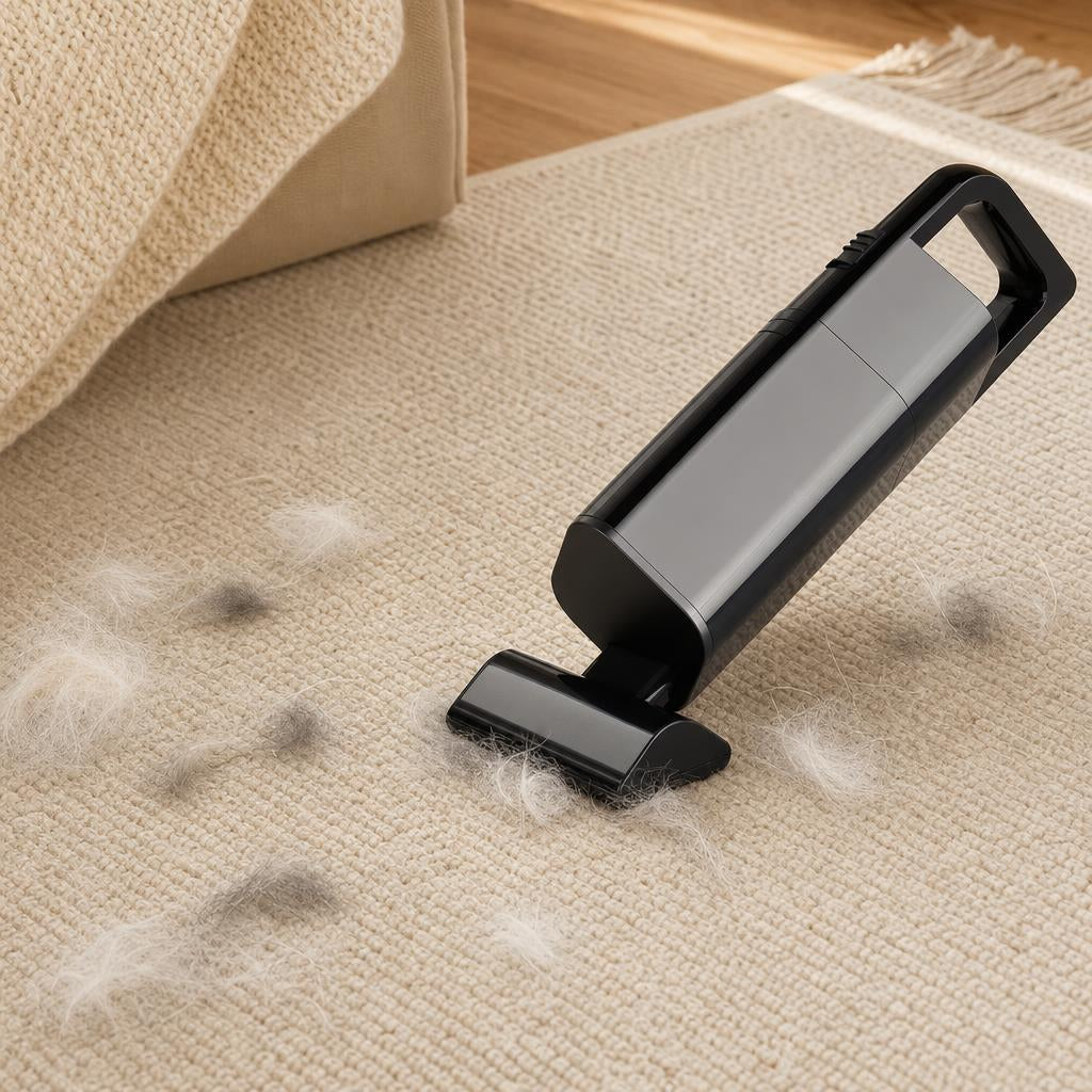 Aspirador inalámbrico recogiendo pelo de gato de una alfombra