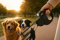 Persona paseando dos perros con la correa doble retráctil