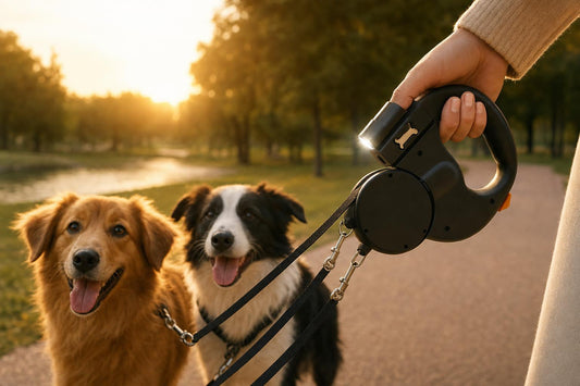 Persona paseando dos perros con la correa doble retráctil