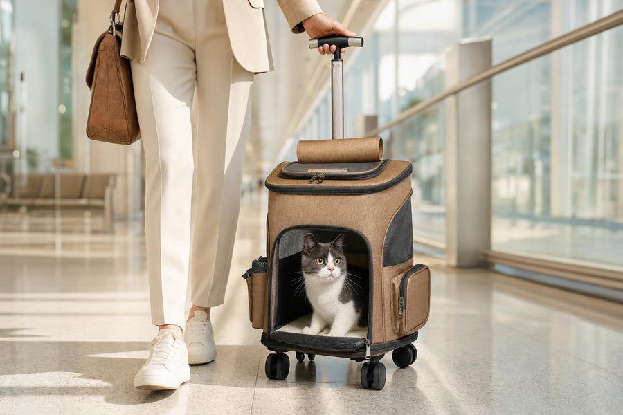 Transportín trolley con gato asomado, en un aeropuerto